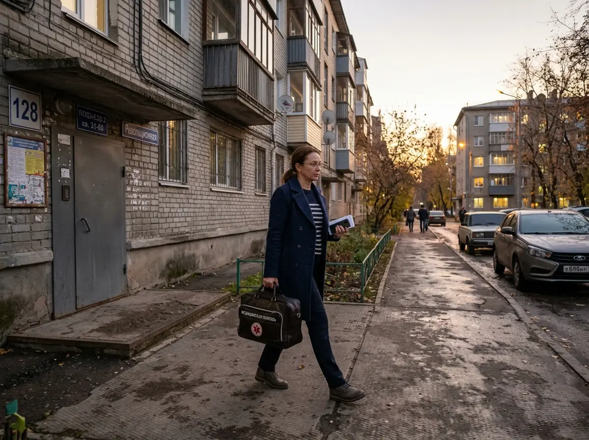 Врач-нарколог в гражданской одежде приезжает на дом к пациенту в Самаре — деловая атмосфера, медицинский чемоданчик, жилой район, вечерний свет